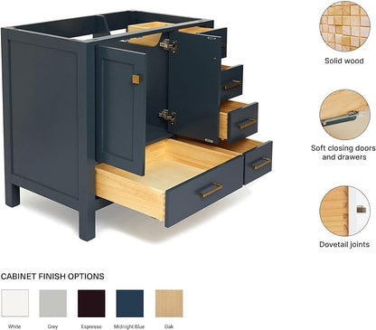 ARIEL Cambridge 36-inch Bathroom Vanity Base Cabinet,Solid Wood, 2 Soft Closing Doors, 5 Dovetail Drawers, Midnight Blue
