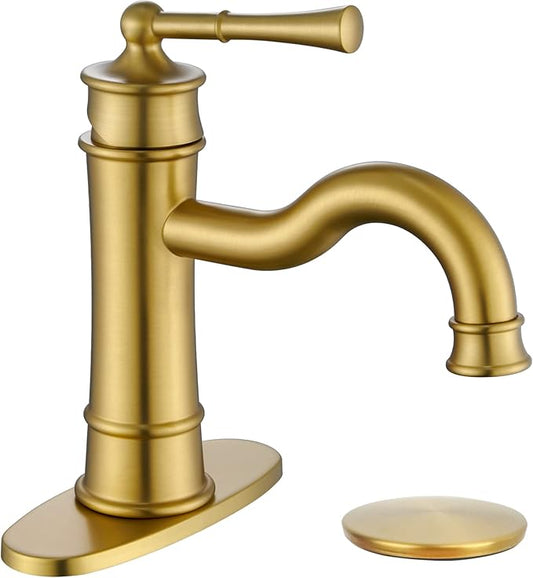 Roman Bathroom Sink Faucet Brushed Gold Single Hole Deck-Mount Pop-up Drain Assembly with Overflow Deck Plate and Water Supply Lines Included