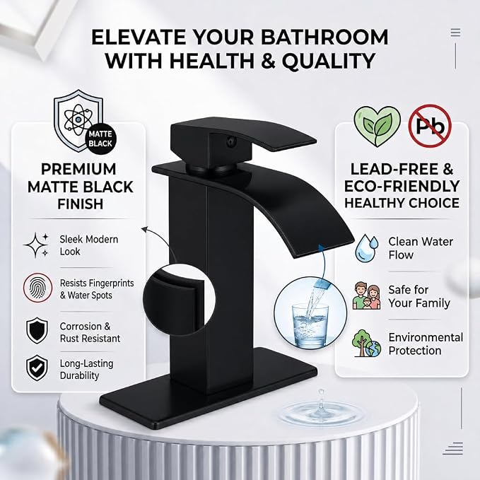 VOTON Black Bathroom Faucets, Waterfall 1 Hole Faucet with Deck & Drain | Single-handle lead-free SUS304 faucet | includes pop-up drain, cUPC supply hoses and 6 in deck plate for 1 or 3-hole sinks