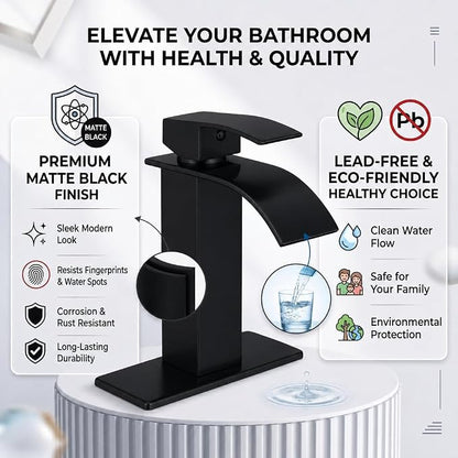 VOTON Black Bathroom Faucets, Waterfall 1 Hole Faucet with Deck & Drain | Single-handle lead-free SUS304 faucet | includes pop-up drain, cUPC supply hoses and 6 in deck plate for 1 or 3-hole sinks