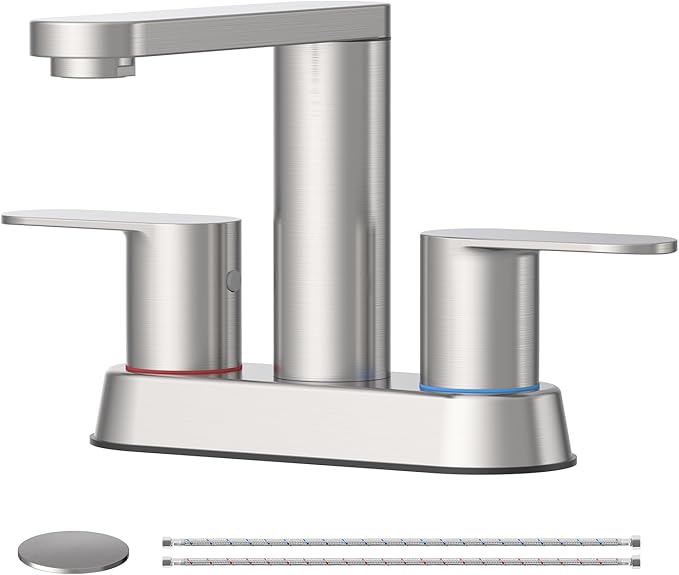 BWE Brushed Nickel Bathroom Faucets 4 in Centerset Faucet for Bathroom Sink | 2 or 3 Hole Basin 2-Handle 360° Swivel Spout Sink Faucet with Pop up Drain and Water Supply Hose for Farmhouse Vanity