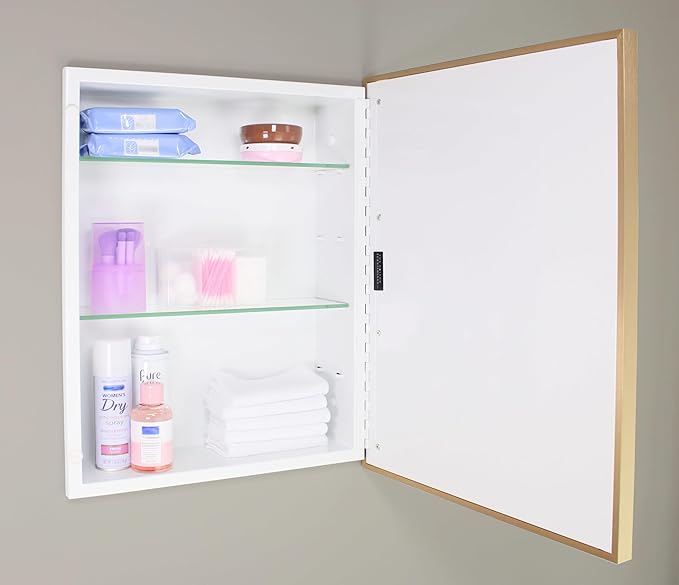 Fox Hollow Furnishings 16x20 Parker Metro Metal Framed Rectangle Recessed Bathroom Medicine Cabinet, Floating Mirror, 14x24 in-Wall Opening, Steel, Adjustable Glass Shelves, Magnet Close, Gold