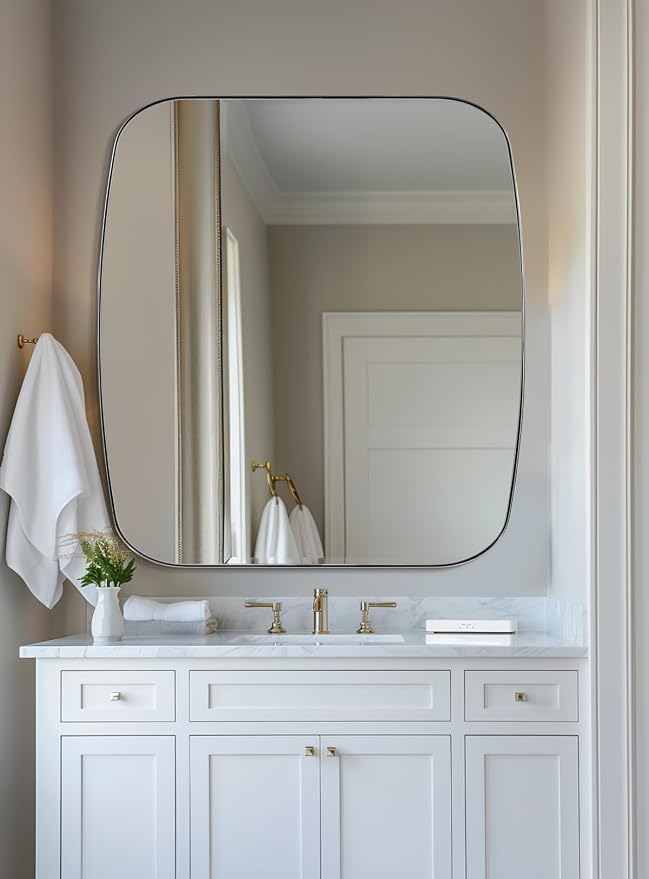 Chrome Oblong Mirror, 36x40 Inch Polished Chrome Oval Mirror for Bathroom with Stainless Steel Metal Frame, Wall Mouned for Bathroom, Living Room, Entryway