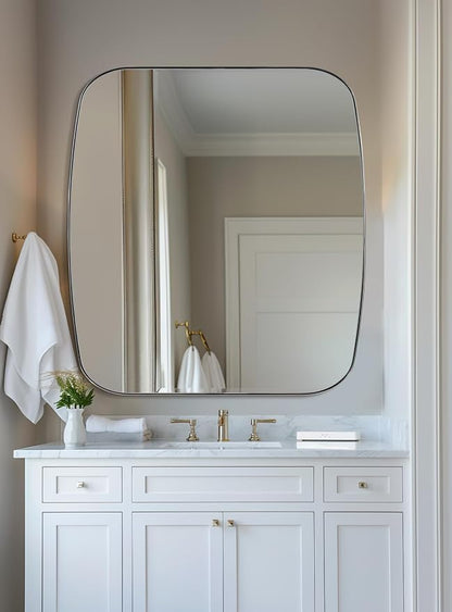 Chrome Oblong Mirror, 36x40 Inch Polished Chrome Oval Mirror for Bathroom with Stainless Steel Metal Frame, Wall Mouned for Bathroom, Living Room, Entryway