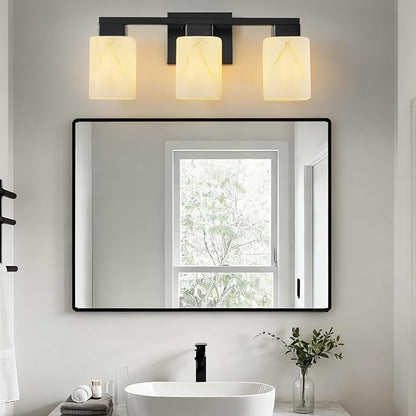 3-Light Square Bathroom Light Fixture, Matte Black Modern Vanity Light with White Marble Glass Shade, for Bathroom Mirror, Living Room, Bedroom, Hallway, E26 Base