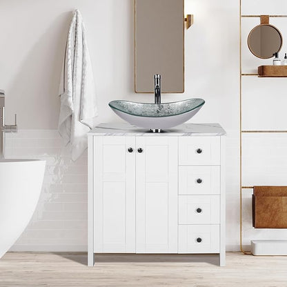 32 Inch White Bathroom Vanity with Marble Texture Top and 4 Drawers, Modern Standing Pedestal Cabinet with Silver Boat Glass Vessel Sink