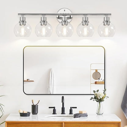 Indoi 5-Light Bathroom Light Fixture, Chrome Bathroom Wall Light with Clear Glass Globe Shades, Modern Vanity Lights Over Mirror for Bathroom, Bedroom, Kitchen, Living Room, Hallway