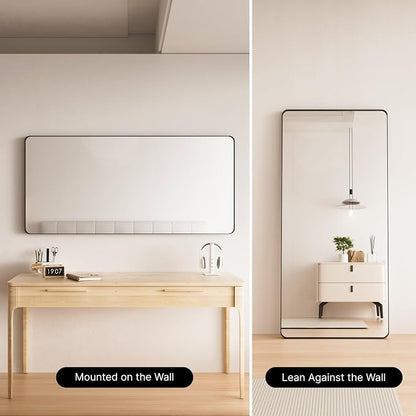 60x28 inch Black Bathroom Mirror Metal Framed Rounded Rectangle | Oversized Wall Mounted Mirror, Anti-Rust, HD Reflection, Tempered Glass, Hangs Horizontally or Vertically