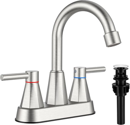 4-Inch Centerset Bathroom Sink Faucet 2-Handle, Brushed Nickel | Lead-free stainless steel, pop-up drain included, Detachable faucet aerator, 360°swivel spout, for vanity sink 3-hole mount