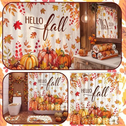 FuWeave 8 Pcs Fall Shower Curtain Set, Farmhouse Pumpkin Maple Leaf Bathroom Decor, Non-Slip Bath Rug, U Mat, Toilet Lid Cover, Hand Towels & 12 Hooks, Autumn Thanksgiving Harvest Home Decor