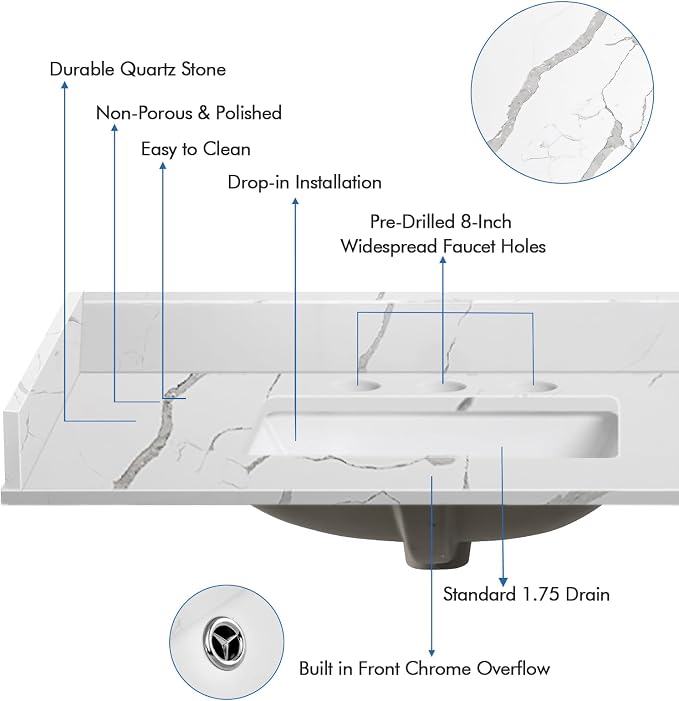 36 in.W x 22 in.D Quartz Calacatta River Vanity Top,with Undermount Middle Sink Vanity Top,with Two Sidesplash & One Backsplash,8 Inch Faucet Hole Spread Bathroom Vanity Sink Countertop