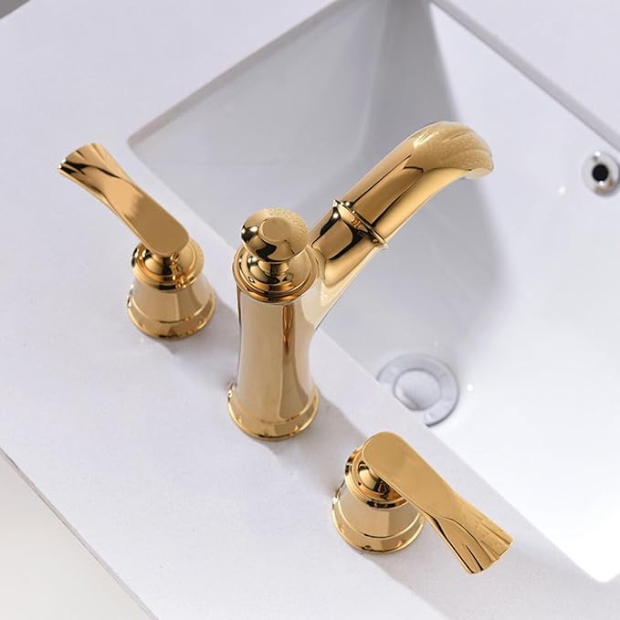 Pull Down Bathroom Faucet 3 Hole Gold Double Handle Hot and Cold Restroom Faucet 3 Holes,Gold
