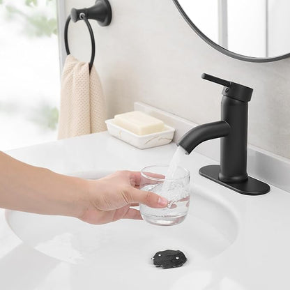 Matte Black Bathroom Faucets Single Hole Bathroom Sink Faucet | Modern Single Handle Bathroom Faucte 1 or 3 Hole, RV Sink Vanity Faucet (with Drain, Black)