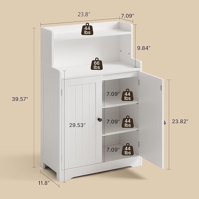 Gizoon 40" H Bathroom Storage Cabinet with 2 Adjustable Shelves, White | Freestanding Organizer with 2 Doors, Floor Pantry Cabinet for Dining Room, Kitchen, Living Room, Hallway