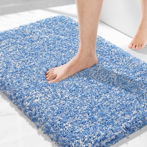 Yimobra Bath Rugs for Bathroom 32X20, Ultra Soft and Water Absorbent Bath Mats, Non Slip Plush Shower Mat Outside, Microfiber Thick Matts for Bathroom Floor/Tub, Machine Washable, Blue and White