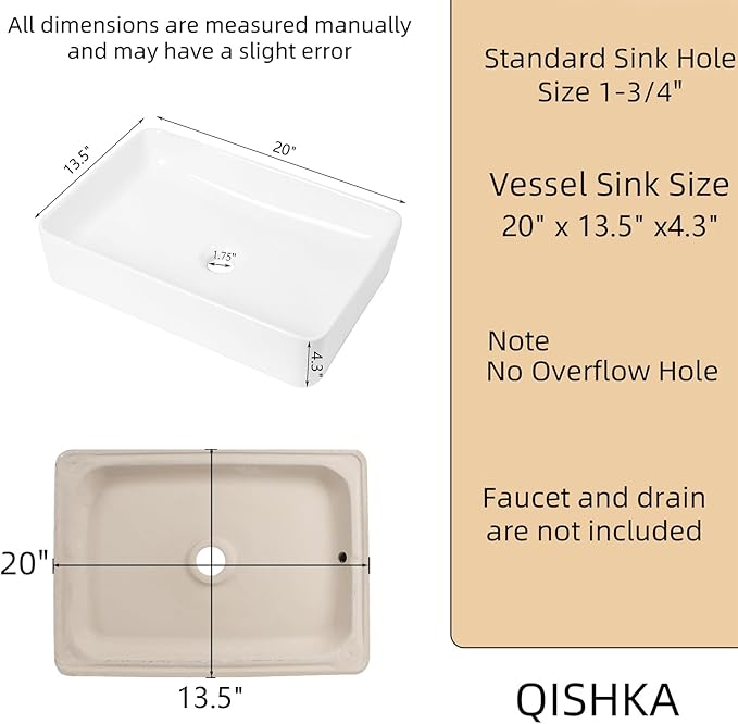 20 Inch Rectangular Bathroom Sink Above Counter, QISHKA White Ceramic Vanity Vessel Sink - 20" x 13.5" Countertop Rectangle Hand Wash Sink Porcelain Art Basin