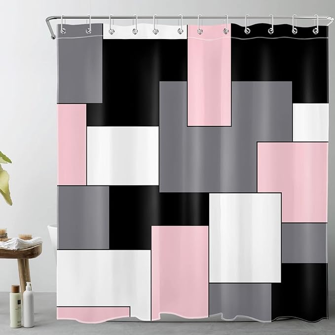 HVEST Modern Pink Shower Curtain with Hooks, Grey Black and White Abstract Geometric Shower Curtain for Bathroom, Mid Century Minimalist Shower Curtain Set Bathroom Decor Curtains, 72x78 inch