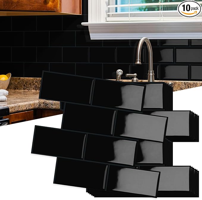 10-Sheet Thick Peel and Stick Kitchen Backsplash Tiles(Black,12.6"×10.6") | D Subway Waterproof Self-Adhesive Wall Tile Stick on Backsplash for Kitchen and Bathroom