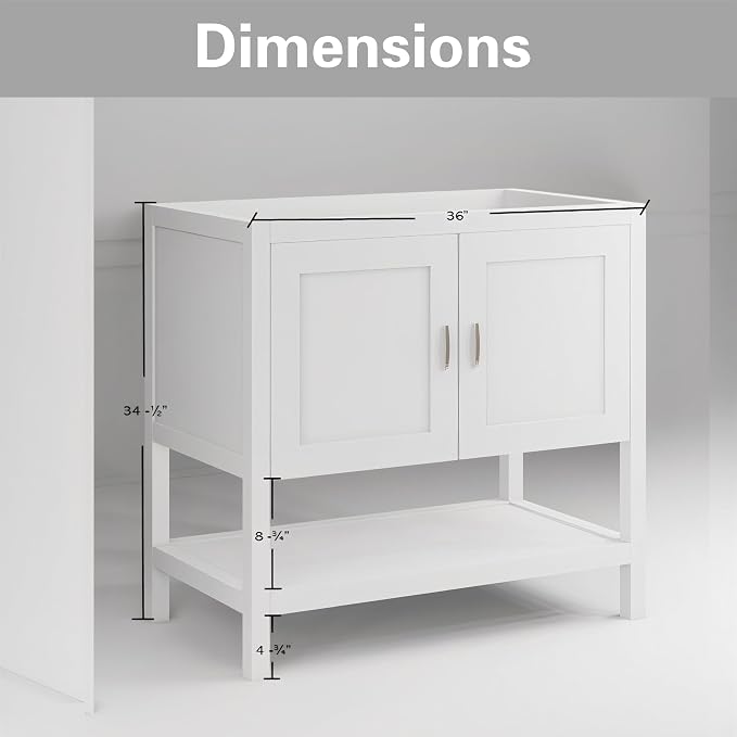 36" White Bathroom Vanity Base Only – Freestanding Solid Wood Sink Cabinet with Open Shelf Storage, Shaker Style Bath Vanity Cabinet, No Top, 36" W x 21" D x 34.5" H
