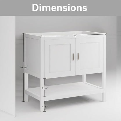 36" White Bathroom Vanity Base Only – Freestanding Solid Wood Sink Cabinet with Open Shelf Storage, Shaker Style Bath Vanity Cabinet, No Top, 36" W x 21" D x 34.5" H