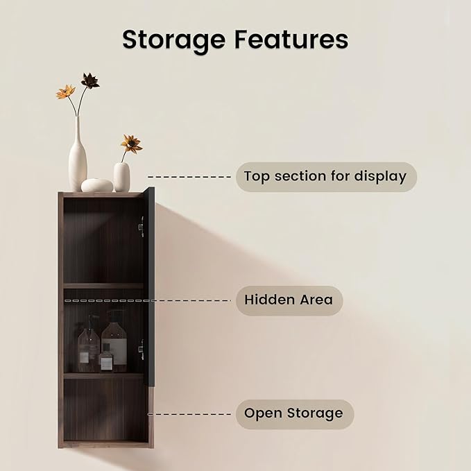 12" Floating Bathroom Storage Cabinet, Modern Wall Cabinets with Soft-Closing Door & Open Shelf, Bathroom Side Cabinet for Small Spaces, Apartment, Walnut+Black
