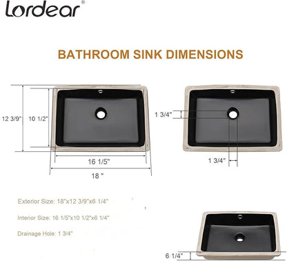 Lordear Black Undermount Bathroom Sink 18x12 Inch Black Bathroom Sinks Vanity Undermount Rectangle Porcelain Ceramic Sinks Under Counter Lavatory Sink Basin with Overflow