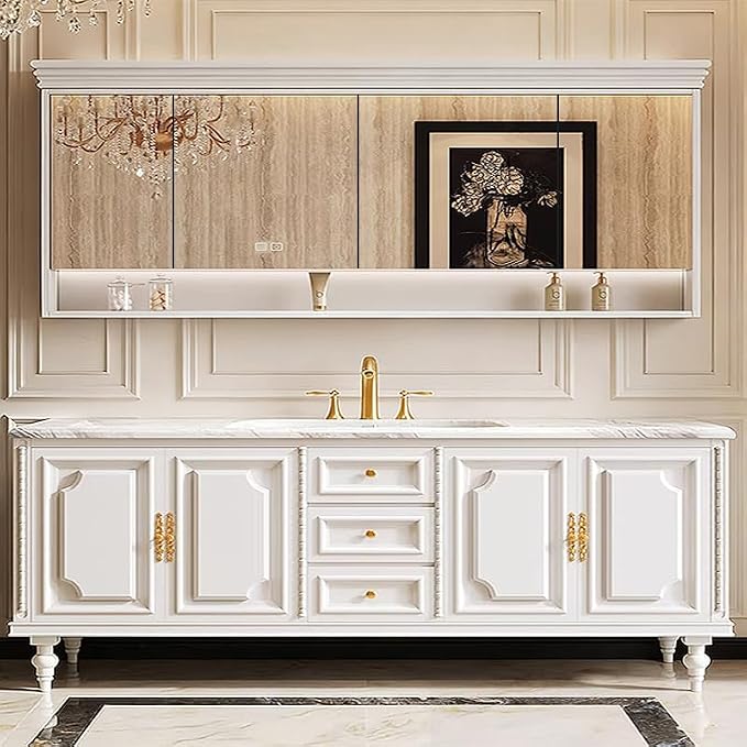 Bathroom Vanity with Single/Double Sink,Smart Defogging Mirror and Cabinet,48-92IN French Elegant Style Solid Wood Floor Standing Vanity