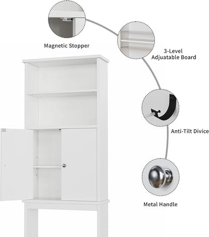 Shintenchi Over the Toilet Storage Cabinet, Bathroom Above the Toilet Rack, Bathroom Adjustable Shelf Organizer with Open Bottom Bar and Anti-Tip Device, White