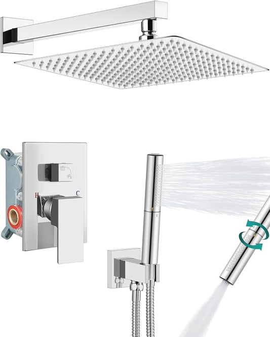 Aolemi Shower System with Rain Head and Handheld,16-Inch,Polish Chrome | High-Pressure Shower Faucet Set with Dual-Function Handheld,Rough-In Valve,1.8 GPM,Wall-Mount Trim Kit