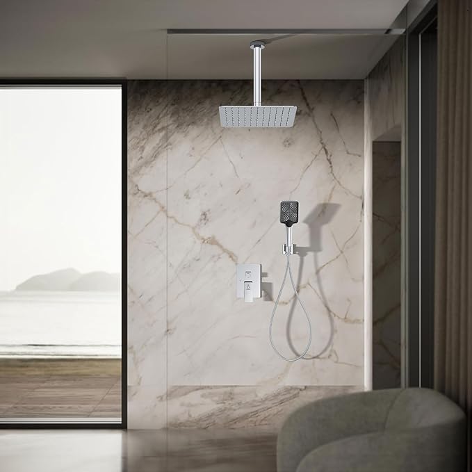 Shower System Modern Rain 8 inches Brass Faucet Set With Valve and Diverter Shower Mixer With Handheld High Pressure Square Rainfall Shower Valve (12'' Ceiling Mount, Chrome Polished)