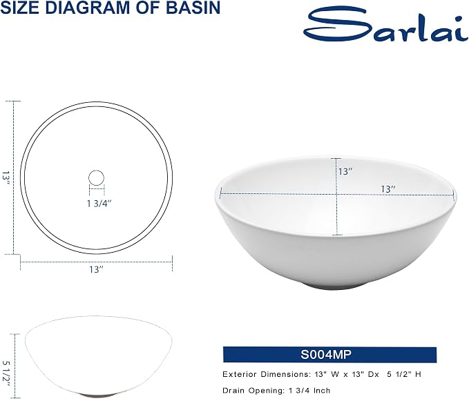 Sarlai Vessel Sink Round - 13"x13" Modern Small Bathroom Sink Round Bowl Above Counter White Porcelain Ceramic Bathroom Vessel Vanity Sink Art Basin