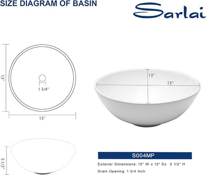Sarlai Vessel Sink Round - 13"x13" Modern Small Bathroom Sink Round Bowl Above Counter White Porcelain Ceramic Bathroom Vessel Vanity Sink Art Basin