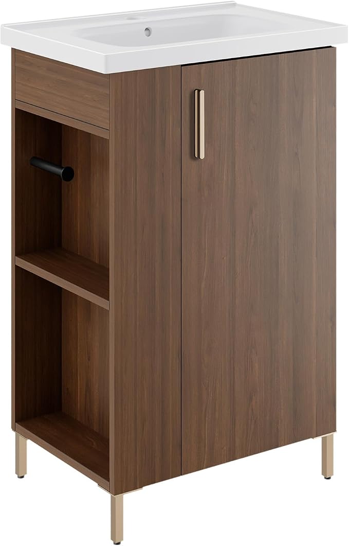 Pre-Assembled 20 Inch Small Bathroom Vanity, Freestanding Walnut Bathroom Cabinet with Ceramic Sink, Soft-Close Door, Left Side Storage, No Faucet, BV05-20-WALNUT-PLUS