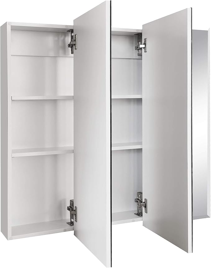 Design House Cyprus 30-in. Wide Medicine Cabinet, 3 Frameless Mirrored Doors, 2 Adjustable Shelves, Pre-Assembled, Surface or Recess Mounted, White, 30.0 in. W x 4.4 in. D x 30.0 in. H, 59749 | Adjustable Shelves, Wall Mount, Contemporary/Modern, Wood,...