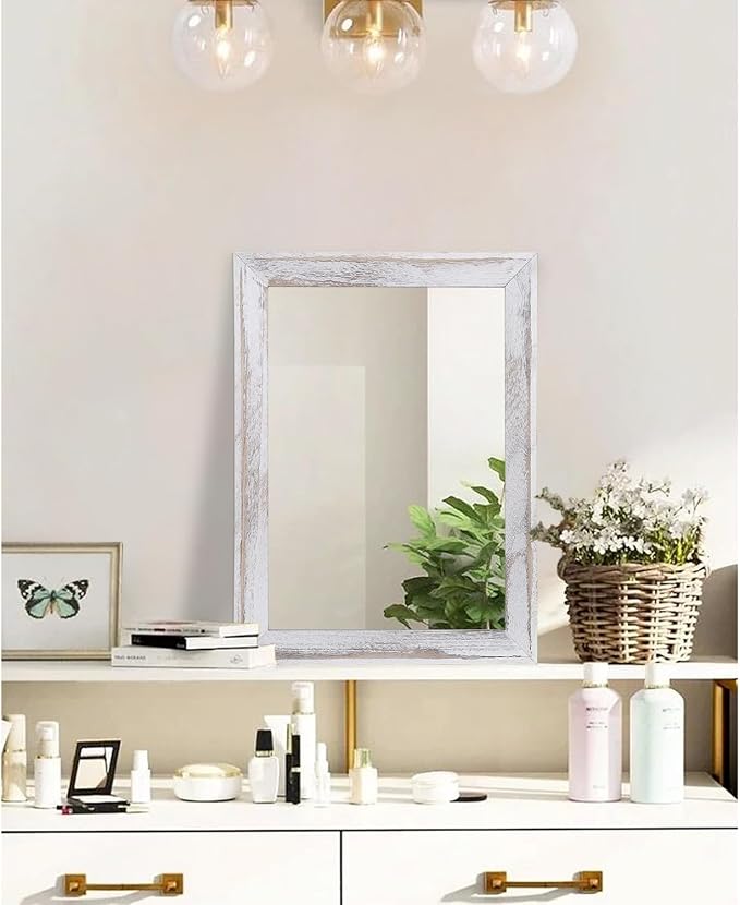 AAZZKANG Mirrors for Wall Rustic Wood Framed Hanging Mirror Decorative for Farmhouse Bedroom Bathroom Living Room Entryway Hallway Small White
