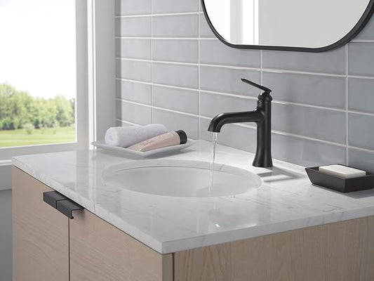 Delta Bonacci Matte Black Bathroom Faucet 1 Hole, Single Hole Bathroom Sink Faucet for Vanity, Metal Push-Pop Drain Assembly, Matte Black 545-BL-DST