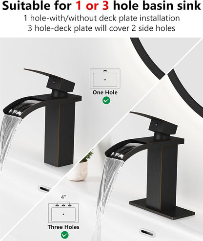 Oil Rubbed Bronze Waterfall Bathroom Faucet 1-Handle Vanity Faucet | Stainless Steel Modern Bathroom Sink Faucet,Pop-Up Drain, Supply Lines 6-in Deck Plate, 1- or 3-Hole, NSF Certified