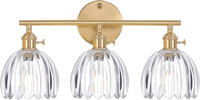 Bathroom Light Fixtures, 3-Light Brass Vanity wall Light Over Mirror with Clear Tulip Glass Shade for Bedroom Living Room (Bulb Not Included)