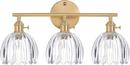 Bathroom Light Fixtures, 3-Light Brass Vanity wall Light Over Mirror with Clear Tulip Glass Shade for Bedroom Living Room (Bulb Not Included)