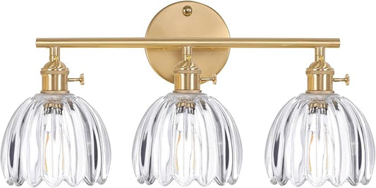 Bathroom Light Fixtures, 3-Light Brass Vanity wall Light Over Mirror with Clear Tulip Glass Shade for Bedroom Living Room (Bulb Not Included)