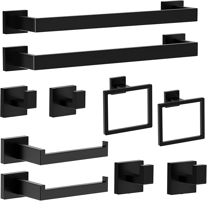 10-Piece Matte Black Bathroom Hardware Set with 16'' Towel Bar, Wall Mounted Bathroom Accessories Kit with 16" Towel Bar ×2, Toilet Paper Holders×2, Towel Rings×2, Robe Hooks×4