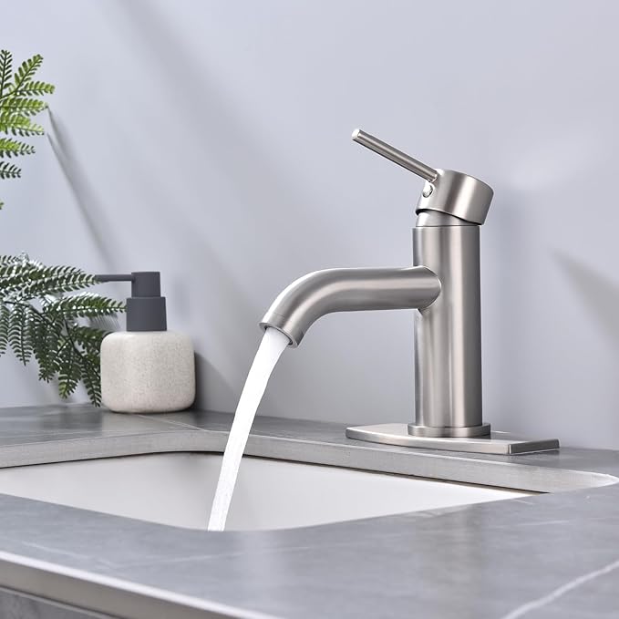 Single Handle Bathroom Faucet with Metal Drain Assembly and Escutcheon, Brushed Nickel