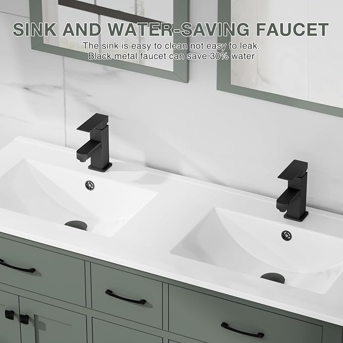 LUCKWIND 48" Bathroom Vanity with Sink Combo, Painted Modern Bathroom Storage Cabinet with Double Resin Sink, Four Doors and Three Drawers, Include Faucet Without Mirror, Green