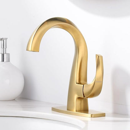WOWOW Single Handle Bathroom Faucet 1 Hole High Arc Bathroom Basin Faucet Gold with Pop Up Drain, Solid Brass Commercial Bathroom Sink Faucet Basin Vanity Bar Faucet (Patented Product)
