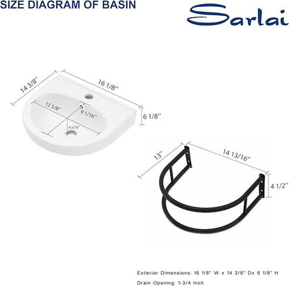 Sarlai Wall Hung Bathroom Vessel Sink with Towel Rack,16x14 Inch Wall Mounted Rectangle Ceramic Small Bathroom Sink White Mini Wash Modern Vanity Floating Basin
