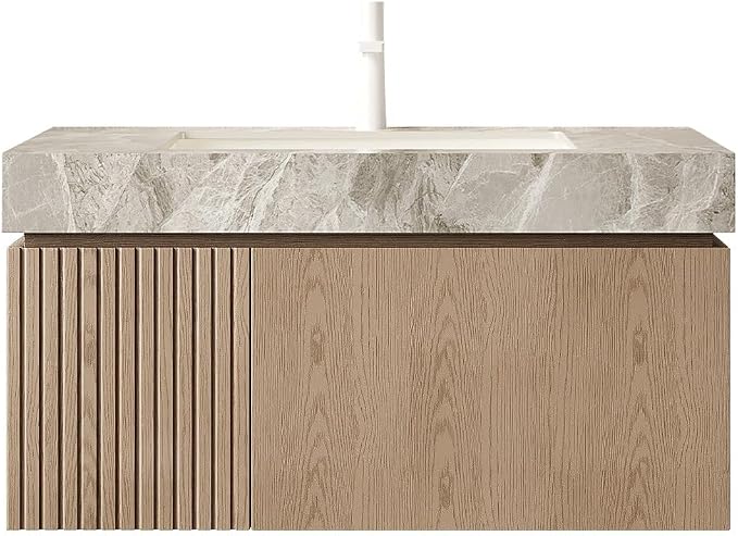 KEIKI 36 Inch Floating Bathroom Vanity with Sink, Light Brown & Grey | Modern Wall Mounted Storage Cabinet w/ Drawer & Door, Pre-assembled Wood Panels, Sintered Stone Top & Ceramic Basin Combo Set