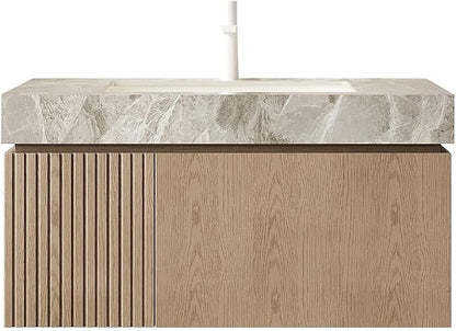 KEIKI 36 Inch Floating Bathroom Vanity with Sink, Light Brown & Grey | Modern Wall Mounted Storage Cabinet w/ Drawer & Door, Pre-assembled Wood Panels, Sintered Stone Top & Ceramic Basin Combo Set