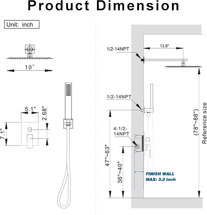 10" Rain Shower System with Handheld & Valve, Brushed Nickel | Wall-Mounted High-Pressure Shower Faucet Combo Set, 10-Inch Rain Shower Head with Handheld Spray,Includes Valve and Trim Kit