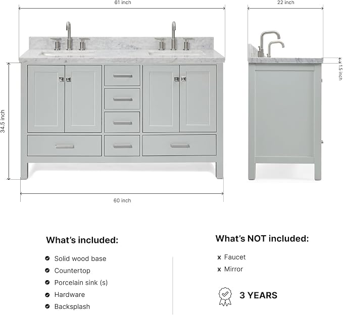 ARIEL Cambridge 60-inch Bathroom Vanity with Sink,Solid Wood, 1.5-inch Italian Carrara Marble Countertop, Double Rectangular Porcelain Sink, 4 Soft Closing Doors, 6 Dovetail Drawers, Grey