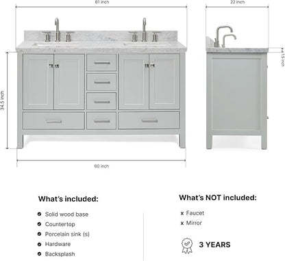 ARIEL Cambridge 60-inch Bathroom Vanity with Sink,Solid Wood, 1.5-inch Italian Carrara Marble Countertop, Double Rectangular Porcelain Sink, 4 Soft Closing Doors, 6 Dovetail Drawers, Grey